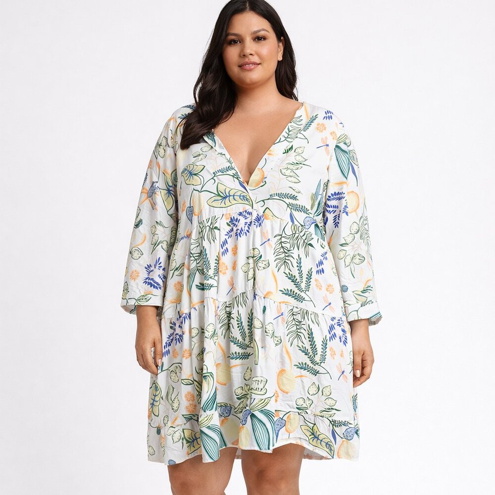 Shein Dress White Green Babydoll Floral Festival Dragonfly Festival Summer 2XL